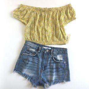 Forever 21 Ditsy Print Off The Shoulder Crop Top